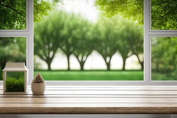 Canvas Print - A background of a tree garden is a green window view, with a barren wooden table top on it, behind a blurring curtain. For an important visual layout design or montage product display. Generative AI