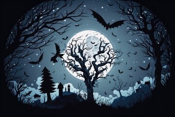 Poster - full moon with bats flying against a spooky tree background. Generative AI