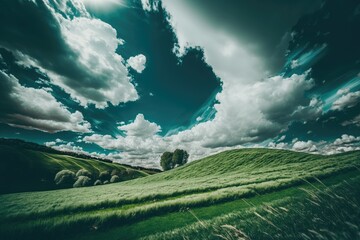 Poster - peaceful green field with tall trees and fluffy clouds in the blue sky. Generative AI