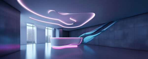 Wall Mural - neon cyber futuristic themed lighting reception area as mockup wide banner with copy space - Generative AI