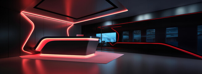 Wall Mural - neon cyber dark themed lighting reception desk at cinema theater, gaming center or billiard club lobby reception as mockup wide banner with copy space - Generative AI