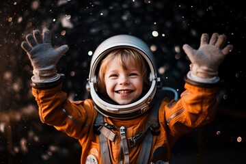 Wall Mural - child boy that is wearing an astronaut suit against an outer space backdrop background