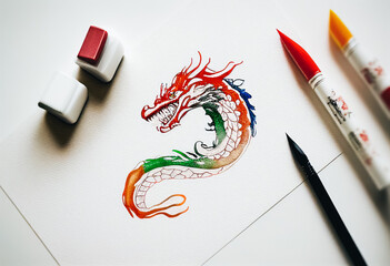 Wall Mural - Drawn dragon head on white paper, profile, multi-colored dragon, made with small strokes, pencil and blots, AI-generated