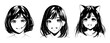 Happy black and white portraits of teenage girls, happy girls in anime or manga style. Cute schoolgirl girls with big eyes and smile. Manga portraits. Asian school girls in anime style. Vector set