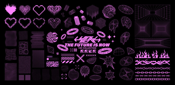 Wall Mural -  - Retrofuturistic graphic set - Y2K elements, 3D universal geometric shapes, grid, wireframe in pink color. Hearts in the style of old tattoos, from a chain, fire, neo-tribal. Cyberpunk Y2K vector set.