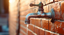 Old-fashioned Water Tap Mountain At The Exterior Of A Red Brick Wall. Water Is Coming Out Of The Tap. Water Theme, Climate Change. Hot Summer, Pure Water.
