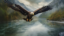An AI Generated Illustration Of A Giant Eagle Flying Over A Large Mountain Lake. Mountains And Forests Can Be Seen In The Background.