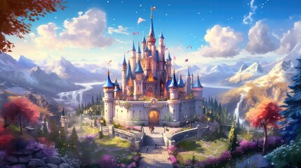 Wall Mural - Grand and enchanting game art castle straight out of a fairy tale, complete with towering turrets, a drawbridge, and a sprawling garden