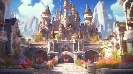 Wall Mural - Grand and enchanting game art castle straight out of a fairy tale, complete with towering turrets, a drawbridge, and a sprawling garden