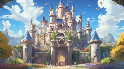 Wall Mural - Grand and enchanting game art castle straight out of a fairy tale, complete with towering turrets, a drawbridge, and a sprawling garden