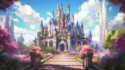 Grand and enchanting game art castle straight out of a fairy tale, complete with towering turrets, a drawbridge, and a sprawling garden