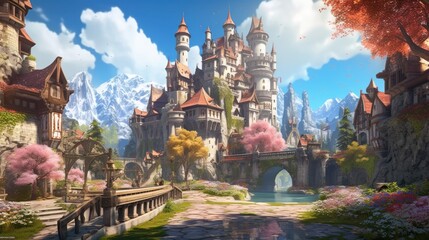 Wall Mural - Grand and enchanting game art castle straight out of a fairy tale, complete with towering turrets, a drawbridge, and a sprawling garden