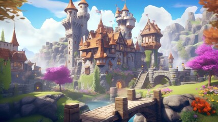 Wall Mural - Grand and enchanting game art castle straight out of a fairy tale, complete with towering turrets, a drawbridge, and a sprawling garden