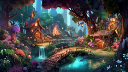 Poster - Lush enchanted garden with talking animals, fairies, and sparkling waterfalls