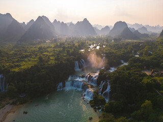 Aerial top view of Ban Gioc Water Falls in Cao Bang, Vietnam and China border. Nature landscape background. Tourist attraction landmark.