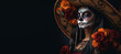 © JJAVA - Woman with Sugar Skull Make Up and Flowers. Day of the Dead. Halloween. Copy Space. Banner. Generative AI