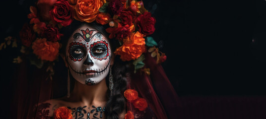 Wall Mural - Woman with Sugar Skull Make Up and Flowers. Day of the Dead. Halloween. Copy Space. Banner. Generative AI