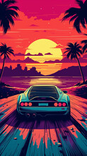 Retro Wave 80s Image Of Sports Car In Sunset