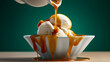 scoops vanilla sundae ice cream pouring caramel syrup glaze in bowl.