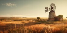 Rustic Countryside Windmill Standing Amidst Golden Fields, With A Gentle Breeze Turning Its Sails  Generative AI Digital Illustration Part#110623