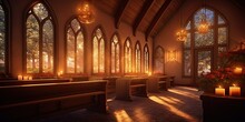 A Small Chapel Bathed In Soft Candlelight, Evoking A Sense Of Spiritual Solace And Tranquility.  Generative AI Digital Illustration Part#110623