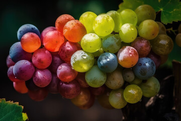 Wall Mural - Closeup of creative fresh grapes in rainbow colors with rain drops. Summer multi-colored grape wallpaper for healthy food store. Generative AI professional photo imitation.