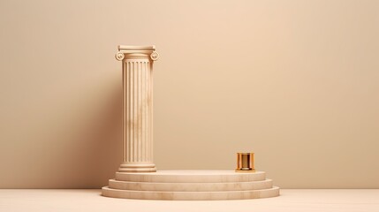 Poster - A display stand with a podium in the style of a traditional Greek Doric column. copy space on a light, minimalist background. Illustration used to promote products, services, and museum Generative AI