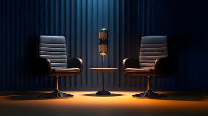 two chairs and microphones in podcast or interview room isolated on dark background as a wide banner