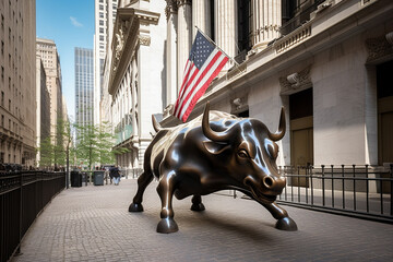 American flag and a Wall Street street sign in Lower Manhattan, New York City, USA, in the background of the Charging Bull bronze sculpture by Italian artist Arturo Di Modica, Bowling Green, Manh