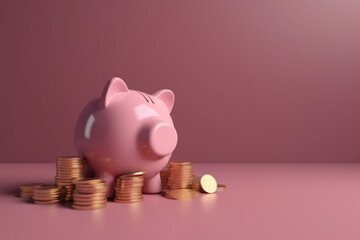 A 3D rendering of a pink piggy bank money box with a stack of gold coins, set on a single-colored background.