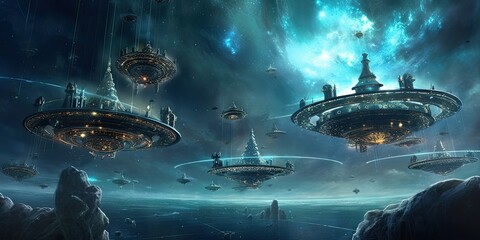 Wall Mural - Envision a fleet of interstellar ships embarking on an eternal journey through the cosmos  Generative AI Digital Illustration Part#110623