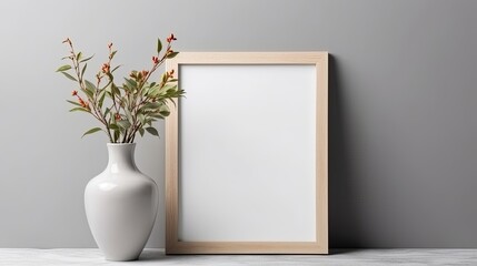 Canvas Print - Vertical wooden white frame for text mockup with plants in a pretty vase on a gray background. design idiom. Text spacing Generative AI