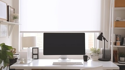 Canvas Print - Standing in front of a mock-up computer screen in a home office with white walls and a white table. working from home and the idea of advertising Generative AI