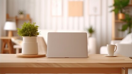 Sticker - With a blurred modern room interior in the background, a contemporary wood workplace table is topped with a portable laptop computer mockup with a white screen and accessories. close-up Generative AI