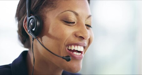 Wall Mural - Business woman face, call center worker and communication in a phone consultation with a smile. Consulting, telemarketing and African female person with customer service and web support with talk