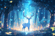 © lin - cartoon hand drawn beautiful forest scene deer fairy tale illustration