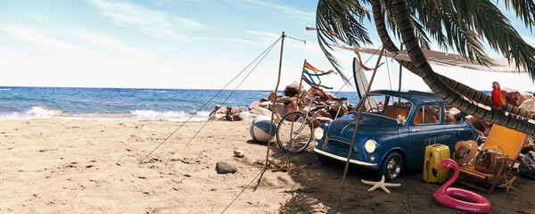 Wall Mural - Cute blue retro car with summer accessories and palm tree on beautiful tropical sand beach. Summer vacation concept. 3D Rendering, 3D Illustration