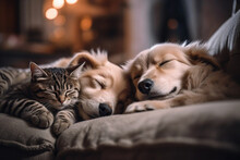 Cat And Dog Sleeping Peacefully Together