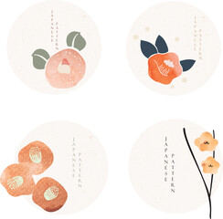 Wall Mural - Set of flower icons in Japanese style with grunge texture vector. Colorful of floral pattern on vintage style. Logo design.