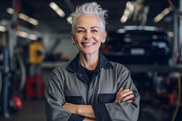 Wall Mural - woman in his 50s that is wearing a mechanic's overalls against an automotive workshop background