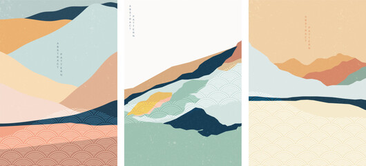 Landscape background with Japanese wave pattern. Abstract template with geometric pattern. Mountain layout design in Asian style. 