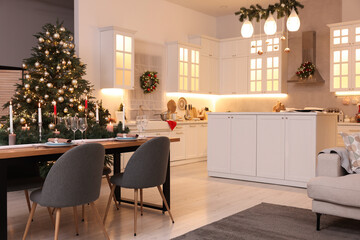 Poster - Cozy spacious kitchen decorated for Christmas. Interior design