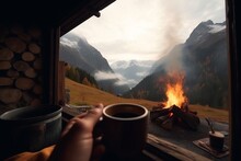 First Person View Of A Person Resting Inside A Camping Tent On The Mountain, Point Of View Of A Hiker Man, Traveler Woman At The Campfire Having Coffee Looking At The Bonfire At Morning, Generative AI