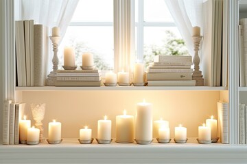 Poster - interior design including a white wooden shelf and burning candles Generative AI