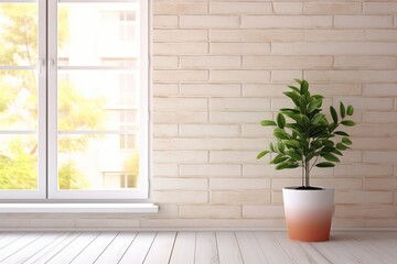 Wall Mural - showcasing an interior Scandinavian kitchen through a white window with a potted plant on an exterior brick wall, on a blank background with copy space, Generative AI