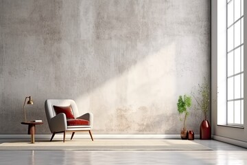 living room interior mockup with carpet, white chair, and curtain. blank gray concrete wall. generat