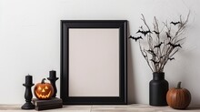 Mock Up A Desk Or Shelf With A Dark Frame Decorated With A Scary Tree And Pumpkins. Halloween-related Idea A Portrait Frame With Bats Against A White Wall. Generative AI