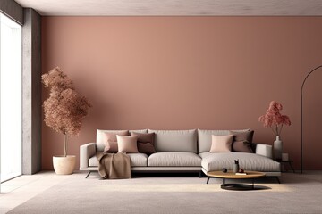 Wall Mural - Warm interior design space with an empty wall mockup and a cozy living room design. Generative AI