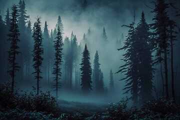 Wall Mural - a coniferous forest with dense fog created with Generative AI technology