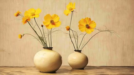 two yellow garden cosmos in vases, one of which is resting still, against a beige background. genera
